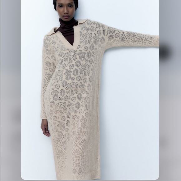 Zara POINTELLE KNIT POLO DRESS Size Large - Picture 3 of 9